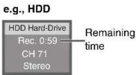 e.g., HDD HDD Hard-Drive Rec. 0:59 CH 71 Stereo Remaining time