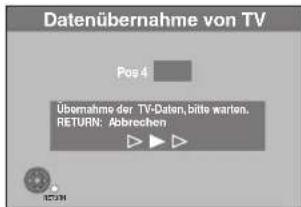 Datenübernahme von TV Pos 4 Übernahme der TV-Daten, bitte warten. RETURN: Abbrechen