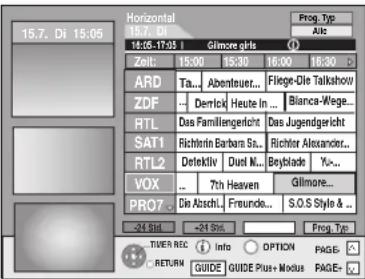 15.7. Di 15:05 Horizontal 15:05 16:06-17:03 Glimore glns Zeit 15:00 15:30 16:00 16:30 ARD Ta... Abentruer... Fliege-Die Talkshow... ZDF ... Dermick Heute In ... Blanca-Wege... RTL Das Familiergericht Das Jugendgericht SAT1 Richterin Barbara St... Richter Alexander... RTL2 Defektiv Duel M... Beyblade Yu... VOX ... 7th Heaven Gilmore... PROT - Din Abschl. Freunde... S.O.S Style & -24 Shl <24 Shl Prog. Typ TUES REC Info OPTION PAGE- RETURN GUIDE GUIDE Plus+ Modus PAGE+