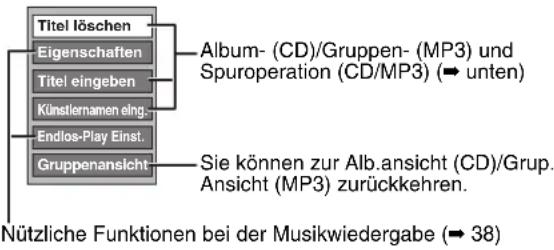 Titel löschen Eigenschaften Titel eingeben Künstlernamen eing. Endlos-Play Einst. Gruppenansicht Album- (CD)/Gruppen- (MP3) und Spuroperation (CD/MP3) (→ unten) Sie können zur Alb.ansicht (CD)/Grup. Ansicht (MP3) zurückkehren. Nützliche Funktionen bei der Musikwiedergabe (→ 38)