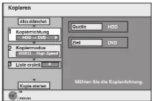Kopieren Als abrechen 1 Kopierrichtung HDD - DVD 2 Kopiermodus WIDE - High Speed 3 Liste erstellt Kopie sterten Quelle HDD Ziel DVD Wählen Sie die Kopierrichtung.