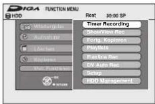 DIOA FUNCTION MENU HDD Mastergust Autonomy Lambus Kopiero Vest Functioner Timer Recording ShowView Rec Fortg. Kopieren PlayBeta Flexible Rec DIV Auto Rec Setup HDD Management