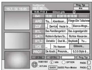 Horizontal 15.7, Di 15:05 16.7, Di 16:05 Gimore girls Prog. Typ Alle Zeit: 15:00 15:30 15:00 16:30 ARD Ta... Abenteuer... Flinge-Die Talkshow ZDF ... Derrick Heute In... Bianca-Woga... RTL Das Familiergericht Das Jugendigericht SAT1 Richterin Barbara Sa... Richter Alexander... RTL2 Derakivl Duel M... Boyblade Yu... VOX ... 7th Heaven Glimore... PRO7 Die Abschl. Freunde... S.O.S Style & 24 Mail -24 Mail Prog. Typ TIVER REC Info OPTION PAGE: RETURN GUIDE GUIDE Plus+Modus PAGE: