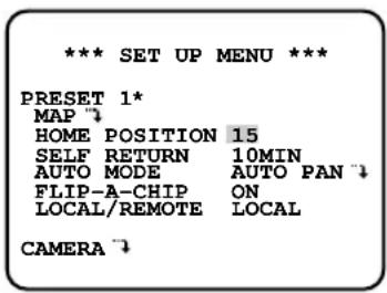 PANASONIC WV-CSR650 - *** SET UP MENU ***
PRESET 1*
MAP ↑
HOME POSITION 15
SELF RETURN 10MIN
AUTO MODE AUTO PAN ↑
FLIP-A-CHIP ON
LOCAL/REMOTE LOCAL
CAMERA ↑
![](images/07c17a10e161181736cab9a3586b97dd0d9e0a5e961afa6da26b38532dc5af41.jpg)


Preset-Einstellmenü 


text_image..
AP GAIN ....I....
PEDESTAL .I.....
- +
UP SIDE DOWN OFF
REFRESH -PUSH SW
CAMERA RESET -PUSH SW
RET


PRESET NO.15*H
POSITION SET
PRESET ID ON
ALC/MANUAL ALC
DWELL TIME 2S
SCENE FILE 1
RET DEL

![](images/0cc51813daf360e5bb806e5cdb877148a65bb8e6d706cef31d14d459aa92572c.jpg)


PRESET NUMBER SET-Menü 
* PRESET NUMBER SET *OMA GAIN ....I....
AP GAIN ....I....
PEDESTAL .I....
- +
UP SIDE DOWN OFF
REFRESH -PUSH SW
CAMERA RESET -PUSH SW
RET
AIN ....I....
AP GAIN ....I....
PEDESTAL .I....
- +
UP SIDE DOWN OFF
REFRESH -PUSH SW
CAMERA RESET -PUSH SW
RET
1*P GAIN ....I....
PEDESTAL .I....
- +
UP SIDE DOWN OFF
REFRESH -PUSH SW
CAMERA RESET -PUSH SW
RET
2*I....
PEDESTAL .I....
- +
UP SIDE DOWN OFF
REFRESH -PUSH SW
CAMERA RESET -PUSH SW
RET
3*TAL .I....
- +
UP SIDE DOWN OFF
REFRESH -PUSH SW
CAMERA RESET -PUSH SW
RET
4*- +
UP SIDE DOWN OFF
REFRESH -PUSH SW
CAMERA RESET -PUSH SW
RET
P SIDE DOWN OFF
REFRESH -PUSH SW
CAMERA RESET -PUSH SW
RET
5*
REFRESH -PUSH SW
CAMERA RESET -PUSH SW
RET
6*USH SW
CAMERA RESET -PUSH SW
RET
7*RA RESET -PUSH SW
RET
8*USH SW
RET
W
RET
9*>10*s/451fe163bf5a00782502fe4d95d930e8665b03e24a9039c6e3919ecc3efa3d3a.jpg)

11*5a00782502fe4d95d930e8665b03e24a9039c6e3919ecc3efa3d3a.jpg)

12*4d95d930e8665b03e24a9039c6e3919ecc3efa3d3a.jpg)

930e8665b03e24a9039c6e3919ecc3efa3d3a.jpg)

13*039c6e3919ecc3efa3d3a.jpg)

14*c3efa3d3a.jpg)

15pg)

16ls>summary>17age18y>19IAL **
CHROMA GAIN ....I....
AP GAIN ....I....
PEDESTAL .I.......
- +
UP SIDE DOWN OFF
REFRESH -PUSH SW
CAMERA RESET -PUSH SW
RET
20*A GAIN ....I....
AP GAIN ....I....
PEDESTAL .I.......
- +
UP SIDE DOWN OFF
REFRESH -PUSH SW
CAMERA RESET -PUSH SW
RET
N ....I....
AP GAIN ....I....
PEDESTAL .I.......
- +
UP SIDE DOWN OFF
REFRESH -PUSH SW
CAMERA RESET -PUSH SW
RET
21GAIN ....I....
PEDESTAL .I.......
- +
UP SIDE DOWN OFF
REFRESH -PUSH SW
CAMERA RESET -PUSH SW
RET
22...
PEDESTAL .I.......
- +
UP SIDE DOWN OFF
REFRESH -PUSH SW
CAMERA RESET -PUSH SW
RET
23L .I.......
- +
UP SIDE DOWN OFF
REFRESH -PUSH SW
CAMERA RESET -PUSH SW
RET
24
- +
UP SIDE DOWN OFF
REFRESH -PUSH SW
CAMERA RESET -PUSH SW
RET
UP SIDE DOWN OFF
REFRESH -PUSH SW
CAMERA RESET -PUSH SW
RET
25F
REFRESH -PUSH SW
CAMERA RESET -PUSH SW
RET
26PUSH SW
CAMERA RESET -PUSH SW
RET
27ERA RESET -PUSH SW
RET
28PUSH SW
RET
SW
RET
29s>30"installation">31on">32ATIONID: 33-64 RETh1>Die Installation darf nur von qualifiziertem Kunden-dienstpersonal oder Installationsfachleuch-ten vorgenommen werden.

Einstellen der Kameraschalter (nur Modell WV-CSR650)

• Die DIP-Schalter im Inneren der Kamera wie untenstehend einstellen, wenn die Kommuni-kationsparameter auf die Vernetzung mehrerer Kameraeinheiten zu ermöglichen.

nstallation darf nur von qualifiziertem Kunden-dienstpersonal oder Installationsfachleuch-ten vorgenommen werden.

Einstellen der Kameraschalter (nur Modell WV-CSR650)

• Die DIP-Schalter im Inneren der Kamera wie untenstehend einstellen, wenn die Kommuni-kationsparameter auf die Vernetzung mehrerer Kameraeinheiten zu ermöglichen. - 1
