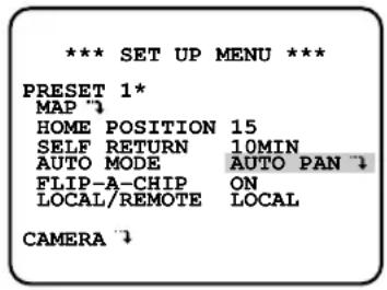 PANASONIC WV-CSR650 - ■ Einstellen der Automatik-Betriebsartuni-kationsparameter auf die Vernetzung mehrerer Kameraeinheiten zu ermöglichen.
Den Cursor auf AUTO MODE bewegen und durch Bewegen des Joysticks nach links oder rechts den Modus wählen. Die Modi wechseln wie folgt: - 2