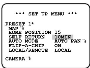PANASONIC WV-CSR650 - *** SET UP MENU ***
PRESET 1*
MAP ↑
HOME POSITION 15
SELF RETURN 10MIN
AUTO MODE AUTO PAN ↑
FLIP-A-CHIP ON
LOCAL/REMOTE LOCAL
CAMERA ↑
![](images/07c17a10e161181736cab9a3586b97dd0d9e0a5e961afa6da26b38532dc5af41.jpg)


Preset-Einstellmenü 


text_image..
AP GAIN ....I....
PEDESTAL .I.....
- +
UP SIDE DOWN OFF
REFRESH -PUSH SW
CAMERA RESET -PUSH SW
RET


PRESET NO.15*H
POSITION SET
PRESET ID ON
ALC/MANUAL ALC
DWELL TIME 2S
SCENE FILE 1
RET DEL

![](images/0cc51813daf360e5bb806e5cdb877148a65bb8e6d706cef31d14d459aa92572c.jpg)


PRESET NUMBER SET-Menü 
* PRESET NUMBER SET *OMA GAIN ....I....
AP GAIN ....I....
PEDESTAL .I....
- +
UP SIDE DOWN OFF
REFRESH -PUSH SW
CAMERA RESET -PUSH SW
RET
AIN ....I....
AP GAIN ....I....
PEDESTAL .I....
- +
UP SIDE DOWN OFF
REFRESH -PUSH SW
CAMERA RESET -PUSH SW
RET
1*P GAIN ....I....
PEDESTAL .I....
- +
UP SIDE DOWN OFF
REFRESH -PUSH SW
CAMERA RESET -PUSH SW
RET
2*I....
PEDESTAL .I....
- +
UP SIDE DOWN OFF
REFRESH -PUSH SW
CAMERA RESET -PUSH SW
RET
3*TAL .I....
- +
UP SIDE DOWN OFF
REFRESH -PUSH SW
CAMERA RESET -PUSH SW
RET
4*- +
UP SIDE DOWN OFF
REFRESH -PUSH SW
CAMERA RESET -PUSH SW
RET
P SIDE DOWN OFF
REFRESH -PUSH SW
CAMERA RESET -PUSH SW
RET
5*
REFRESH -PUSH SW
CAMERA RESET -PUSH SW
RET
6*USH SW
CAMERA RESET -PUSH SW
RET
7*RA RESET -PUSH SW
RET
8*USH SW
RET
W
RET
9*>10*s/451fe163bf5a00782502fe4d95d930e8665b03e24a9039c6e3919ecc3efa3d3a.jpg)

11*5a00782502fe4d95d930e8665b03e24a9039c6e3919ecc3efa3d3a.jpg)

12*4d95d930e8665b03e24a9039c6e3919ecc3efa3d3a.jpg)

930e8665b03e24a9039c6e3919ecc3efa3d3a.jpg)

13*039c6e3919ecc3efa3d3a.jpg)

14*c3efa3d3a.jpg)

15pg)

16ls>summary>17age18y>19IAL **
CHROMA GAIN ....I....
AP GAIN ....I....
PEDESTAL .I.......
- +
UP SIDE DOWN OFF
REFRESH -PUSH SW
CAMERA RESET -PUSH SW
RET
20*A GAIN ....I....
AP GAIN ....I....
PEDESTAL .I.......
- +
UP SIDE DOWN OFF
REFRESH -PUSH SW
CAMERA RESET -PUSH SW
RET
N ....I....
AP GAIN ....I....
PEDESTAL .I.......
- +
UP SIDE DOWN OFF
REFRESH -PUSH SW
CAMERA RESET -PUSH SW
RET
21GAIN ....I....
PEDESTAL .I.......
- +
UP SIDE DOWN OFF
REFRESH -PUSH SW
CAMERA RESET -PUSH SW
RET
22...
PEDESTAL .I.......
- +
UP SIDE DOWN OFF
REFRESH -PUSH SW
CAMERA RESET -PUSH SW
RET
23L .I.......
- +
UP SIDE DOWN OFF
REFRESH -PUSH SW
CAMERA RESET -PUSH SW
RET
24
- +
UP SIDE DOWN OFF
REFRESH -PUSH SW
CAMERA RESET -PUSH SW
RET
UP SIDE DOWN OFF
REFRESH -PUSH SW
CAMERA RESET -PUSH SW
RET
25F
REFRESH -PUSH SW
CAMERA RESET -PUSH SW
RET
26PUSH SW
CAMERA RESET -PUSH SW
RET
27ERA RESET -PUSH SW
RET
28PUSH SW
RET
SW
RET
29s>30"installation">31on">32ATIONID: 33-64 RETh1>Die Installation darf nur von qualifiziertem Kunden-dienstpersonal oder Installationsfachleuch-ten vorgenommen werden.

Einstellen der Kameraschalter (nur Modell WV-CSR650)

• Die DIP-Schalter im Inneren der Kamera wie untenstehend einstellen, wenn die Kommuni-kationsparameter auf die Vernetzung mehrerer Kameraeinheiten zu ermöglichen.

nstallation darf nur von qualifiziertem Kunden-dienstpersonal oder Installationsfachleuch-ten vorgenommen werden.

Einstellen der Kameraschalter (nur Modell WV-CSR650)

• Die DIP-Schalter im Inneren der Kamera wie untenstehend einstellen, wenn die Kommuni-kationsparameter auf die Vernetzung mehrerer Kameraeinheiten zu ermöglichen. - 2