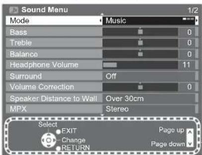 PANASONIC Viera TX-L42U2L - ■ ON SCREEN HELP Instructions box - Operation guide (example: Sound Menu) - 1
