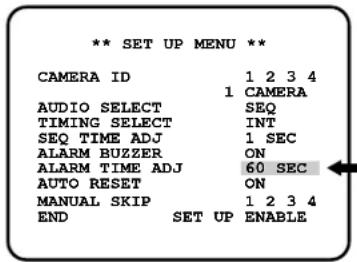 ** SET UP MENU ** CAMERA ID 1 2 3 4 1 CAMERA AUDIO SELECT SEQ TIMING SELECT INT SEQ TIME ADJ 1 SEC ALARM BUZZER ON ALARM TIME ADJ 60 SEC AUTO RESET ON MANUAL SKIP 1 2 3 4 END SET UP ENABLE