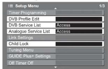 PANASONIC Viera TX-32LZD80 - Select "DVB Profile Edit", "DVB Service List", "Analogue Service List" or "Child Lock" and set - 1