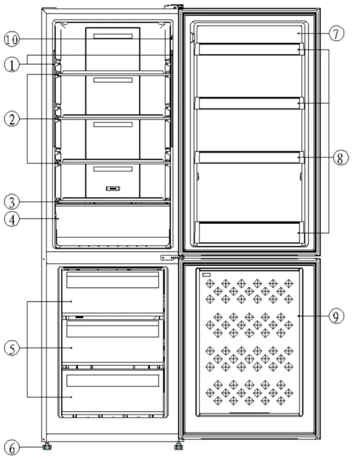 Technical diagram of a refrigerator with numbered components for identification and assembly reference.