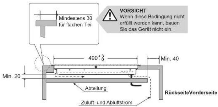 Mindestens 30 für flachen Teil VORSICHT Wenn diese Bedingung nicht erfüllt werden kann, bauen Sie das Gerät nicht ein. 490+3 - 0 Min. 20 Abteilung Zuluft- und Abluftstrom Min. 40 RückseiteVorderseite
