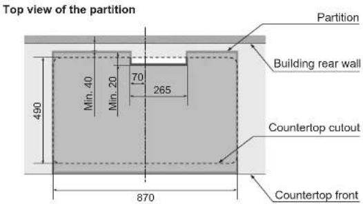 Top view of the partition Partition Building rear wall 490 Min. 40 Min. 20 70 265 Countertop cutout 870 Countertop front