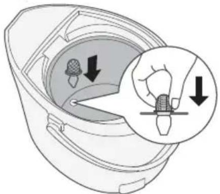 Diagram illustrating a hand holding a light bulb inside a container, with arrows indicating downward force or movement.