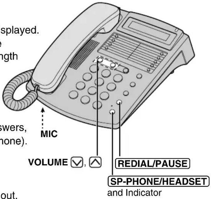 displayed. length answers, hone). MIC VOLUME ✓, ↑ REDIAL/PAUSE SP-PHONE/HEADSET and Indicator out.