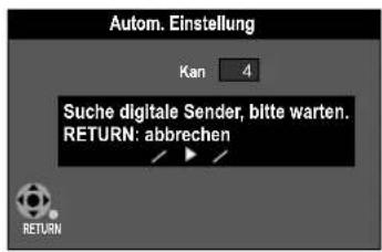 Autom. Einstellung Kan 4 Suche digitale Sender, bitte warten. RETURN: abbrechen RETURN