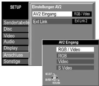 Einstellungen AV2 AV2 Eingang RGB / Video Ext Link Ext Link 2 AV2 Eingang RGB / Video RGB Video S Video SELECT ENTER RETURN