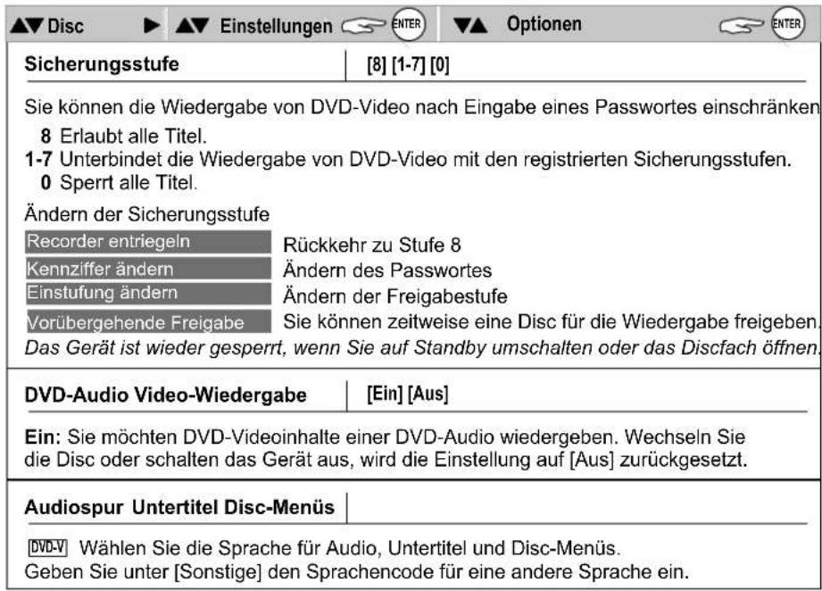 ▲▼ Disc ▶ ▲▼ Einstellungen ENTER ▼▲ Optionen ENTER Sicherungsstufe [8] [1-7] [0] Sie können die Wiedergabe von DVD-Video nach Eingabe eines Passwortes einschränken. 8 Erlaubt alle Titel. 1-7 Unterbindet die Wiedergabe von DVD-Video mit den registrierten Sicherungsstufen. 0 Sperrt alle Titel. Ändern der Sicherungsstufe Recorder entriegeln Rückkehr zu Stufe 8 Kennziffer ändern Ändern des Passwortes Einstufung ändern Ändern der Freigabestufe Vorübergehende Freigabe Sie können zeitweise eine Disc für die Wiedergabe freigeben. Das Gerät ist wieder gesperrt, wenn Sie auf Standby umschalten oder das Discfach öffnen. DVD-Audio Video-Wiedergabe [Ein] [Aus] Ein: Sie möchten DVD-Videoinhalte einer DVD-Audio wiedergeben. Wechseln Sie die Disc oder schalten das Gerät aus, wird die Einstellung auf [Aus] zurückgesetzt. Audiospur Untertitel Disc-Menüs DVD-V Wählen Sie die Sprache für Audio, Untertitel und Disc-Menüs. Geben Sie unter [Sonstige] den Sprachencode für eine andere Sprache ein.