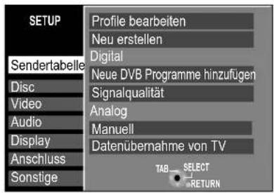 SETUP Sendertabelle Disc Video Audio Display Anschluss Sonstige Profile bearbeiten Neu erstellen Digital Neue DVB Programme hinzufügen Signalqualität Analog Manuell Datenübernahme von TV TAB SELECT RETURN