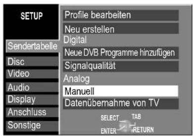 SETUP Sendertabelle Disc Video Audio Display Anschluss Sonstige Profile bearbeiten Neu erstellen Digital Neue DVB Programme hinzufügen Signalqualität Analog Manuell Datenübernahme von TV SELECT TAB ENTER RETURN