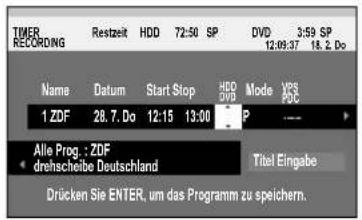 TIMER RECORDING Restzeit HDD 72:50 SP DVD 3:59 SP 12:09:37 18.2 Do Name Datum Start Stop HDD Mode VPS 1 ZDF 28.7. Do 12:15 13:00 P Alle Prog.: ZDF drehscheibe Deutschland Titel Eingabe Drücken Sie ENTER, um das Programm zu speichern.