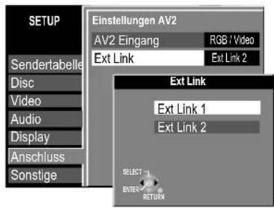 Einstellungen AV2 AV2 Eingang RGB / Video Ext Link Ext Link 2 Ext Link Ext Link 1 Ext Link 2 SELECT ENTER RETURN