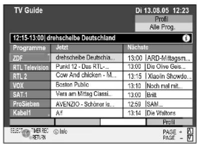 TV Guide Di 13.08.05 12:23 Profil Alle Prog. 12:15-13:00| drehscheibe Deutschland Programme | Jetzt | Nächste ZDF | drehscheibe Deutschia... | 13:00 | ARD-Mittagsm... RTL Television | Punkt 12 - Das RTL-... | 13:00 | Die Olive Ges... RTL 2 | Cow And chicken - M... | 13:15 | Xiaolin Showdo... VOX | Boston Public | 13:10 | Noch mal mit... SAT.1 | Vera am Mitag Classi... | 13:00 | Britt ProSieben | AVENZIO - Schöner Is... | 12:59 | ISAM... Kabel | Af | 13:14 | Die Waltons Profil SELECT THER RES. © Info PAGE + X RETURN ON PAGE - Y