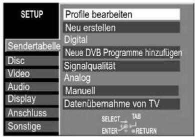 SETUP Sendertabelle Disc Video Audio Display Anschluss Sonstige Profile bearbeiten Neu erstellen Digital Neue DVB Programme hinzufügen Signalqualität Analog Manuell Datenübemahme von TV SELECT TAB ENTER RETURN
