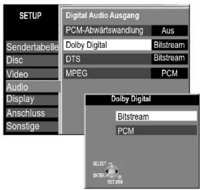 SETUP Sendertabelle Disc Video Audio Display Anschluss Sonstige Digital Audio Ausgang PCM-Abwärtswandlung Aus Dolby Digital Bitstream DTS Bitstream MPEG PCM Dolby Digital Bitstream PCM SELECT ENTER RETURN