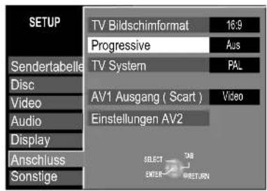 SETUP Sendertabelle Disc Video Audio Display Anschluss Sonstige TV Bildschimformat 16:9 Progressive Aus TV System PAL AV1 Ausgang ( Scart ) Video Einstellungen AV2 SELECT TAB ENTER RETURN