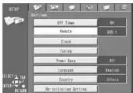 SETUP Settings Opt Time OK Locks OK 1 Clock Tuning Power Sets Bit Computer Text/Sign Country Efficiency My-Inclusive Settings