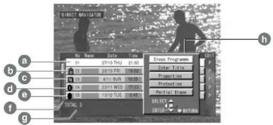 OBJECT NAVIGATION a b c d e f g No. Name Date Time 01 27/10 THU 21:00 03 26/10 FRI 19:58 03 4/11 SUN 10:29 04 25/11 WED 17:13 05 13/12 TUE 0:48 TOTAL S Erase Programms Enter Title Properties Protected Item Partial Delete DELECT EXIT → RETURN