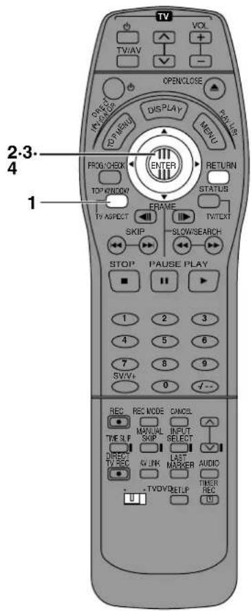 TV VOL TV:AV + - OPEN/CLOSE DISPLAY MENU 2-3- 4 1 FROG/CHECK RETURN TOP WINDOW STATUS FRAME TV ASPECT TVTEXT SKIP SLOW/SEARCH STOP PAUSE PLAY 1 2 3 4 5 6 7 8 9 SWIV+ 0 /-- REC REC MODE CMOSL MANUAL INPUT SELECT TIME SLIP SKIP LAST AUDIO DIRECT TV REC MARKER TVDOV THER REC U