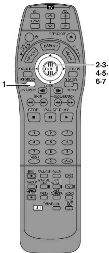TV VOL TV/AV + - OPENCLOSE OFF/CLOSE M/F/F/F/F DISPLAY PAN/ST TOP MENU MENU PRICE CHECK ENTER RETURN STATUS TOP WINDOW FRAME TV ASPECT TW/TEXT SKIP SLOW/SEARCH STOP PAUSE PLAY 1 2 3 4 5 6 7 8 9 SW/+ 0 +/-- REC REC MODE QANCEL TIME SIP MANUAL INPUT SKIP SELECT DIRECTA AST TV RES MARKER AUDIO - TVDVDSETUP TIMER REQ U