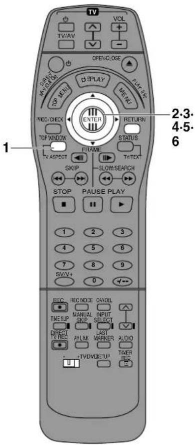 TV VOL TV/AV OPENCLOSE DISPLAY MENU MODE CHECK ENTER RETURN STATUS TOP WINDOW FRAME TV ASPECT SKIP SLOW/SEARCH STOP PAUSE PLAY 1 2 3 4 5 6 7 8 9 SWV+ 0 I REC REC/MOC CANCEL TME SUP MANUAL INPUT SKIP SELECT DIRECT TV REC AV LINK LAST MARKER AUDIO U TV/DVD/RESET TIMER REC 2.3- 4.5- 6