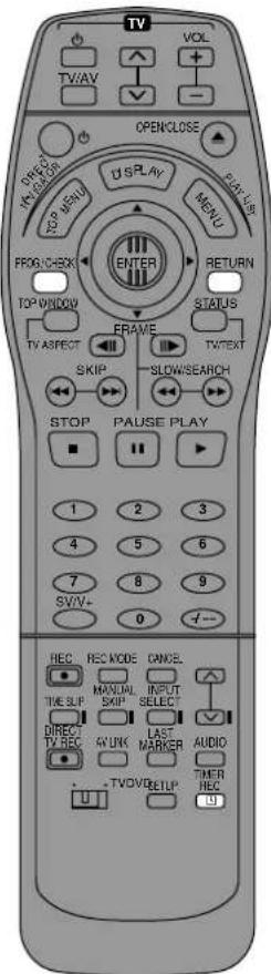 TV VOL TV/AV OPEN/CLOSE DIRECTOR TOP 8x9v TOP 8x9v U SPLAY MENU FROG/C-SXK ENTER RETURN TOP WINDOW FRAME STATUS TV ASPECT SKIP- SLOWSEARCH TWTEXT STOP PAUSE PLAY 1 2 3 4 5 6 7 8 9 SV/V+ 0 + - REC REC MODE CANCEL TIME SUP. MANUAL SKIP INPUT SELECT DIRECT TV REC AV LINK LAST MARKER AUDIO + - TV/OVID/LIP TIMER REC