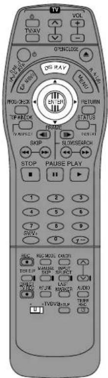 TV VOL TWAV OPENCLOSE OPEN MODE OP NEW DIS PLAY MAIN PROG CHECK TOP ARROW FROM FRAME SKIP SLOWSEARCH STOP PAUSE PLAY 1 2 3 4 5 6 7 8 9 SVW+ 0 1-- SLC RECOURS CANDER TUE SEE MANUAL INPUT DIRECT RISK SELECT MOOR LAST NUMBER AUDIO TVDVD SRF TURB REC