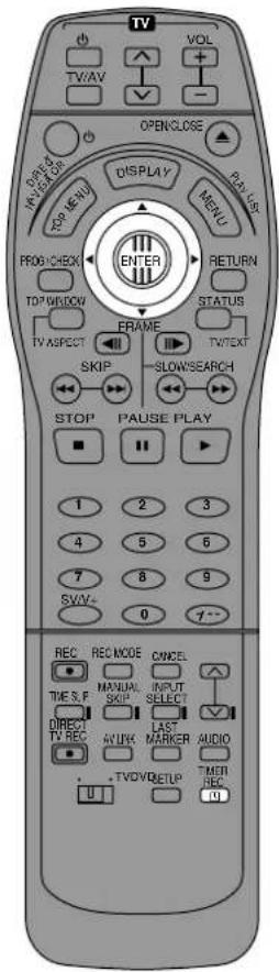 TV VOL TV/AV OPENCLOSE INVOICE DISPLAY REPORT PROG CHECK TOP WIDOW ENTER RETURN STATUS FRAME TV ASPECT SKIP SLOWSEARCH STOP PAUSE PLAY 1 2 3 4 5 6 7 8 9 SWV- 0 1 2 3 4 5 6 7 8 9 10 REC REC MODE CANCEL THE S.F. MANUAL INPUT SOLECT DIRECTOR LAST AUDIO TV REC: AVIUR: MARKER +TVDDVSETUP TIMER REC: TENUE