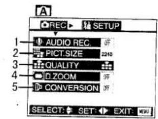 A REC SET 1 AUDIO REC. 2 PICT.SIZE 2240 3 QUALITY 4 ID_ZOOM 37 5 CONVERSION 37 SELECT: SET: EXIT: MENU
