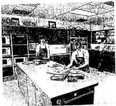 Innenansicht eines Vintage-Büros oder einer Werkstatt mit zwei Frauen, die an einer Theke arbeiten, umgeben von Regalen und Ausrüstung (kein sichtbarer Text oder Symbole)