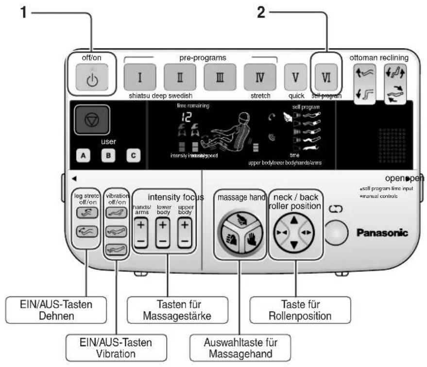 1 off/on I II III IV V VI 2 shiatsu deep swedish stretch quick self-program attoman reclining user time remaining sell program intensity massagedyoped time upper bodylower bodyhandsforms open open leg strec off/on vibration off/on intensity focus hands/ arms lower body upper body massage hand neck / back roller position Panasonic EIN/AUS-Tasten Dehnen Tasten für Massagestärke EIN/AUS-Tasten Vibration Auswahltaste für Massagehand