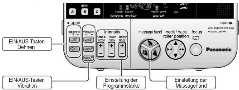 user A B C Intensity hands/arms Intensity lower body Intensity speed upper body time open leg streto off/on vibration off/on intensity hands/ arms lower body upper body maxage hand neck/back roller position focus open> • self program time input • manual controls Panasonic EIN/AUS-Tasten Dehnen EIN/AUS-Tasten Vibration Einstellung der Programmstärke Einstellung der Massagehand