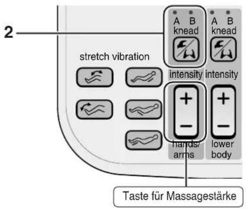 2 stretch vibration A B knead A B knead intensity intensity + - hands/ arms lower body Taste für Massagestärke