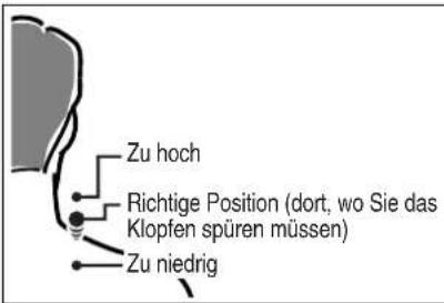 Zu hoch Richtige Position (dort, wo Sie das Klopfen spüren müssen) Zu niedrig