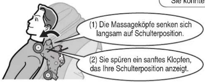 (1) Die Massageköpfe senken sich langsam auf Schulterposition. (2) Sie spüren ein sanftes Klopfen, das Ihre Schulterposition anzeigt.