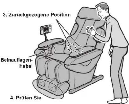 3. Zurückgezogene Position Beinauflagen- Hebel 4. Prüfen Sie