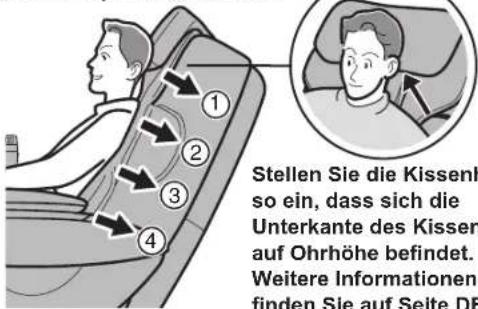 Stellen Sie die Kissenh so ein, dass sich die Unterkante des Kissen auf Ohrhöhe befindet. Weitere Informationen finden Sie auf Seite DE