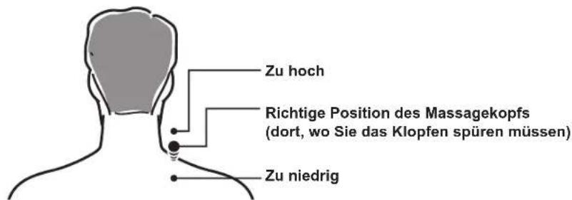 Zu hoch Richtige Position des Massagekopfs (dort, wo Sie das Klopfen spüren müssen) Zu niedrig