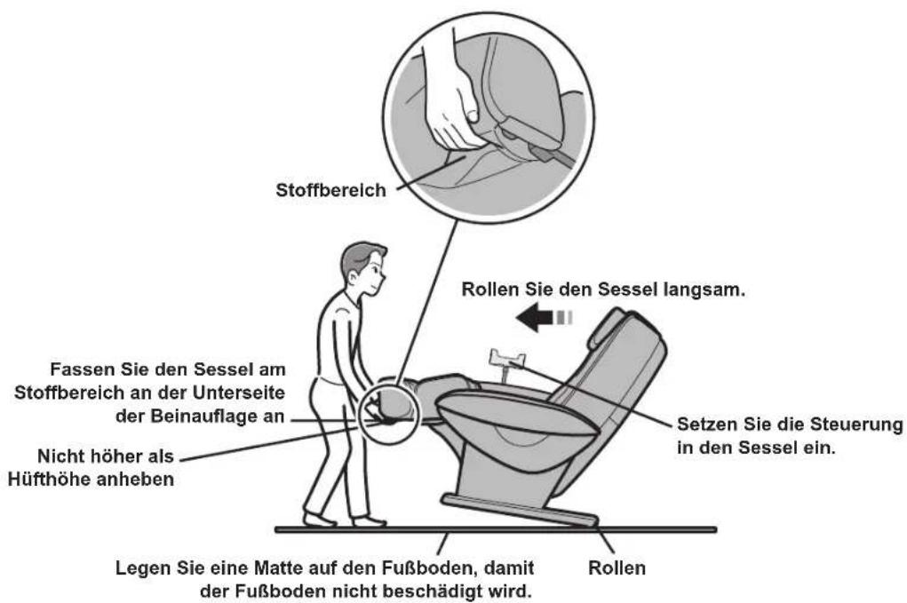 Stoffbereich Fassen Sie den Sessel am Stoffbereich an der Unterseite der Beinauflage an Nicht höher als Hüfthöhe anheben Legen Sie eine Matte auf den Fußboden, damit der Fußboden nicht beschädigt wird. Rollen Sie den Sessel langsam. Setzen Sie die Steuerung in den Sessel ein. Rollen