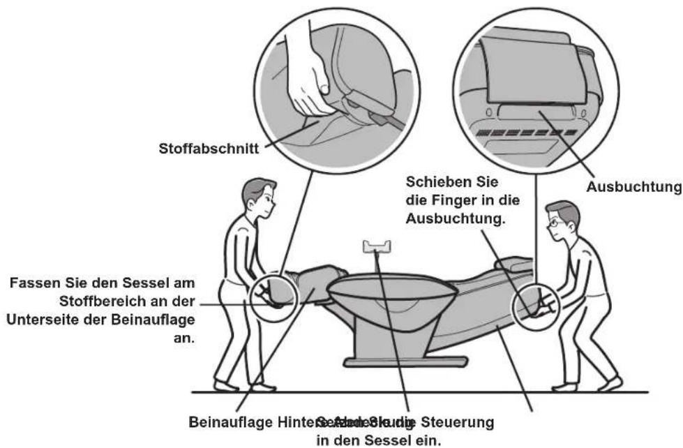 Stoffabschnitt Schieben Sie die Finger in die Ausbuchtung. Ausbuchtung Fassen Sie den Sessel am Stoffbereich an der Unterseite der Beinauflage an. Beinauflage Hinter Steuerung in den Sessel ein.