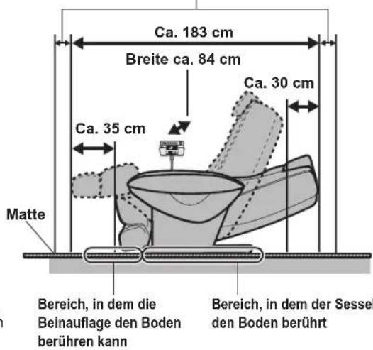 Ca. 183 cm Breite ca. 84 cm Ca. 30 cm Ca. 35 cm Matte Bereich, in dem die Beinauflage den Boden berühren kann Bereich, in dem der Sessel den Boden berührt